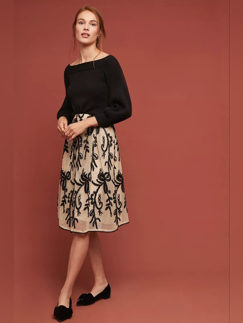 ANTHROPOLOGIE DRA LA Black Cream Mesh Tulle  Lace Overlay Midi Skirt Medium